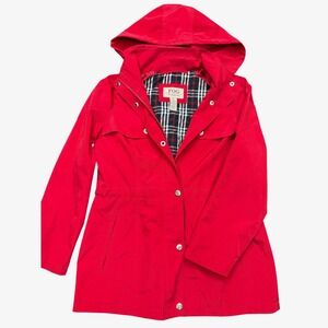 Vintage London Fog Rain Jacket Black Tartan Plaid Lined Hooded Women Size M Red
